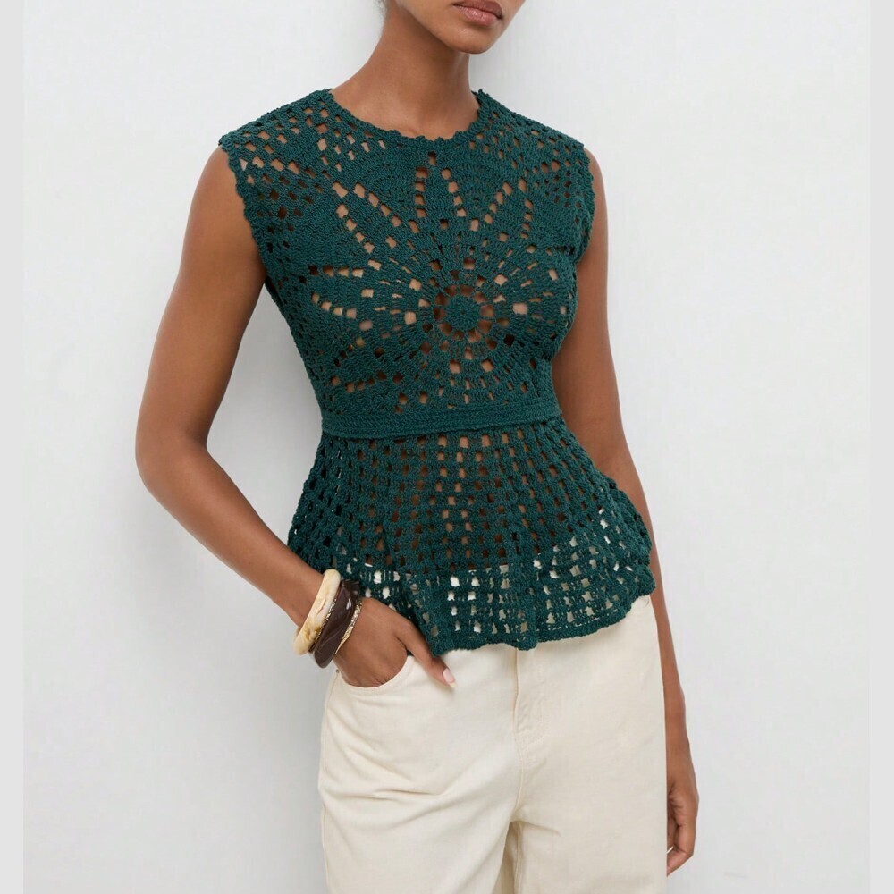 Forest Muted Green Crochet Knit Sleeveless Round Neck Peplum Tank Top